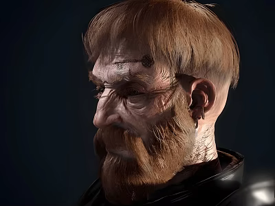 Portrait Of Man With Beard Scar And Wrinkled Face In Side Profile Wearing Dark Clothing 3d model