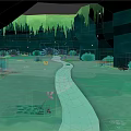 Cave Environment with Green Stalactites Blue Stream and Pink Lotus Plants