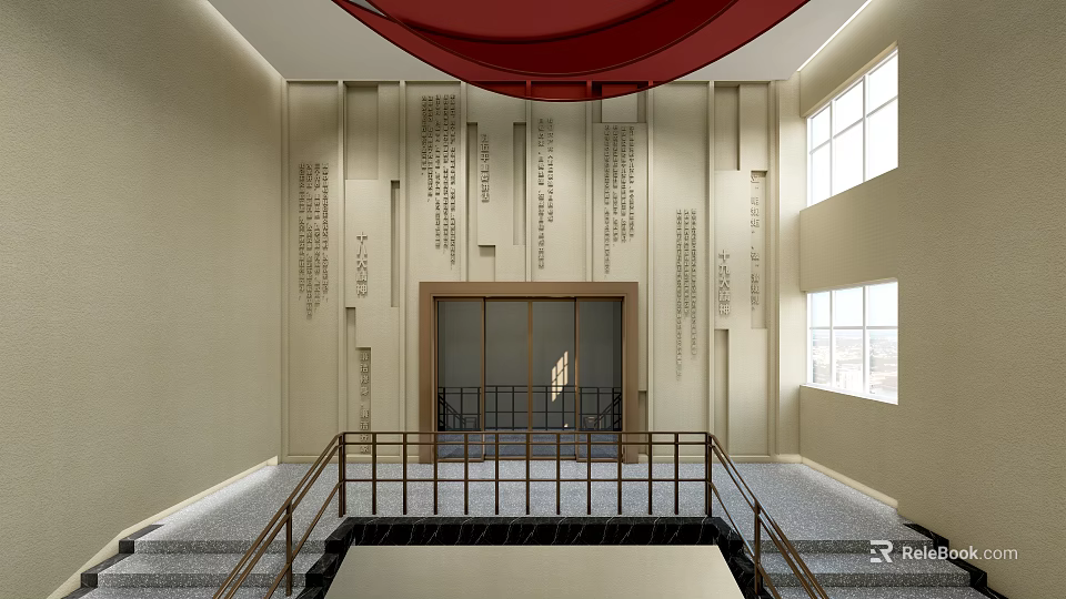 Modern Hall Interior With Red Ceiling Inscribed Walls Glass Doors And Staircase 3d model 