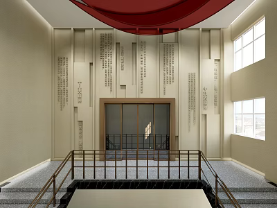 Modern Hall Interior With Red Ceiling Inscribed Walls Glass Doors And Staircase 3d model