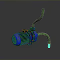 Blue Mechanical Industrial Pump With Green Flexible Hose And Motor Component
