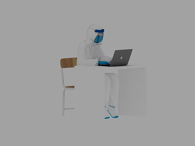 Game and Movie Character in Protective Suit with Blue Goggles Using Laptop at White Table 3d model