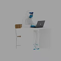 Game and Movie Character in Protective Suit with Blue Goggles Using Laptop at White Table