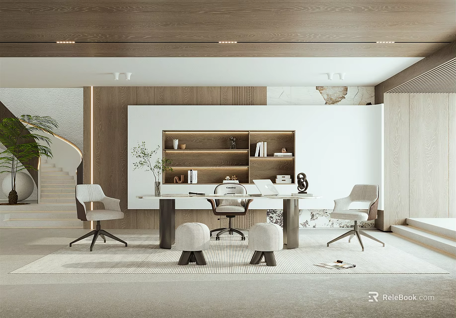 Modern Study Room Interior With White Desk Shelves Chairs And Natural Light 3d model 