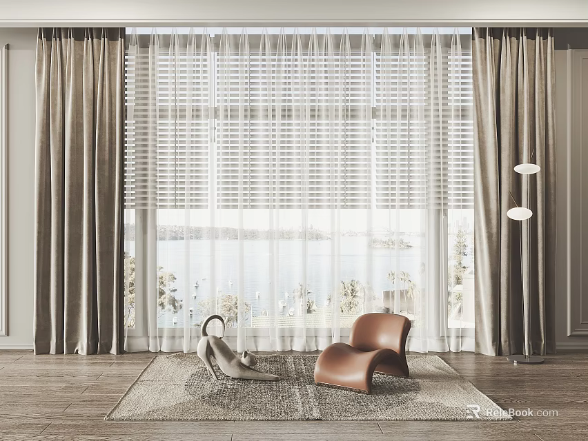 Modern Living Room Curtains With Sheer And Thick Layers By Window With Furniture And Rug 3d model 