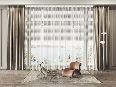 Modern Living Room Curtains With Sheer And Thick Layers By Window With Furniture And Rug 3d model