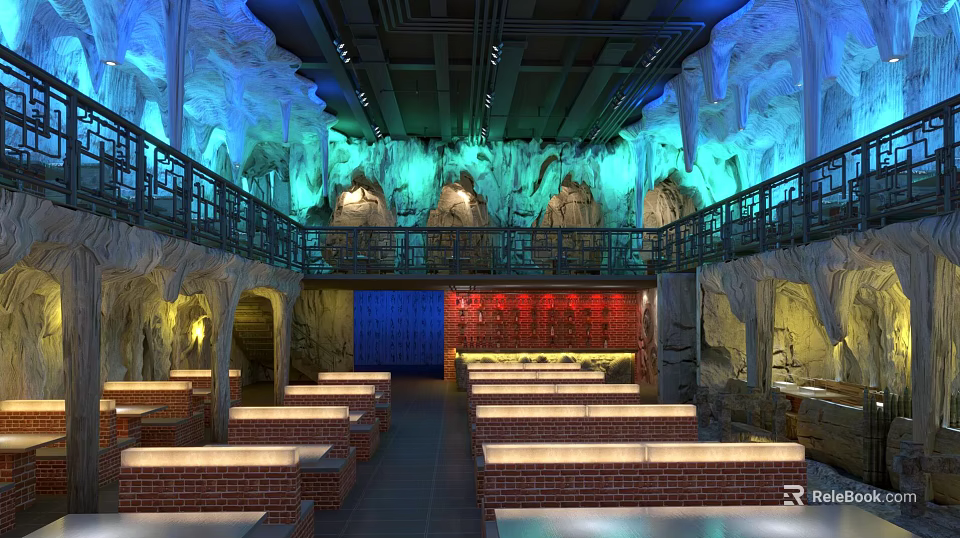 Cave Themed Restaurant Interior With Two Story Dining Area Bricked Benches And Colorful Lighting 3d model 