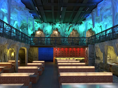 Cave Themed Restaurant Interior With Two Story Dining Area Bricked Benches And Colorful Lighting 3d model