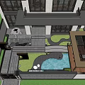 Courtyard Garden Design With Stone Patio Lily Pond Greenery Seating Area And Modern Architecture
