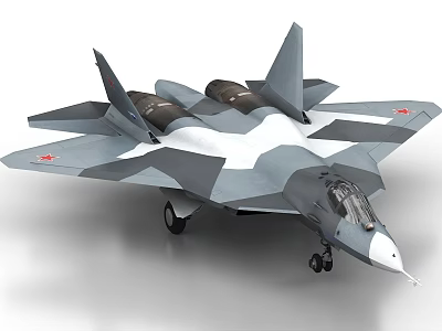 Modern Stealth Fighter Jet with Gray White Camouflage Twin Engines Red Insignia and Landing Gear 3d model