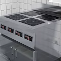 Cafeteria Kitchen Area Featuring Stainless Steel Cooking Range White Tile Walls And Gray Floor Tiles