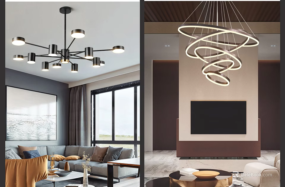 Modern Living Room Interior With Stylish Chandelier Featuring Spiral Ring Design And Sofa TV Wall 3d model 