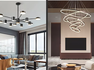 Modern Living Room Interior With Stylish Chandelier Featuring Spiral Ring Design And Sofa TV Wall 3d model