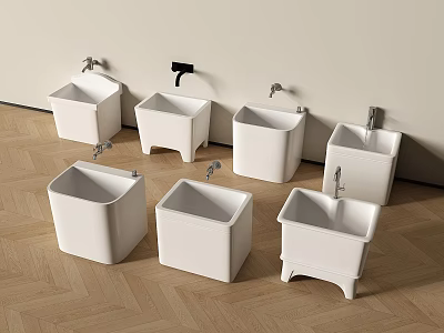 Bathroom Small Fixtures White Ceramic Washbasins With Different Modern Designs And Pedestal Bases 3d model