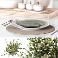 Elegant Tableware Set With Wooden Tray Green Plates White Lidded Bowl Woven Placemats Metal Utensils