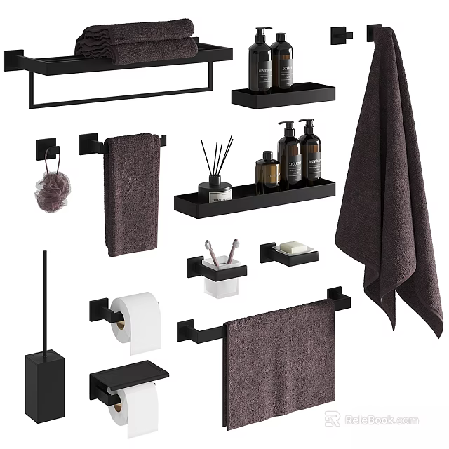 Black Bathroom Essentials Set Including Towel Racks Storage Shelves Toilet Paper Holder And Aromatherapy Products 3d model 