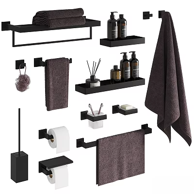 Black Bathroom Essentials Set Including Towel Racks Storage Shelves Toilet Paper Holder And Aromatherapy Products 3d model