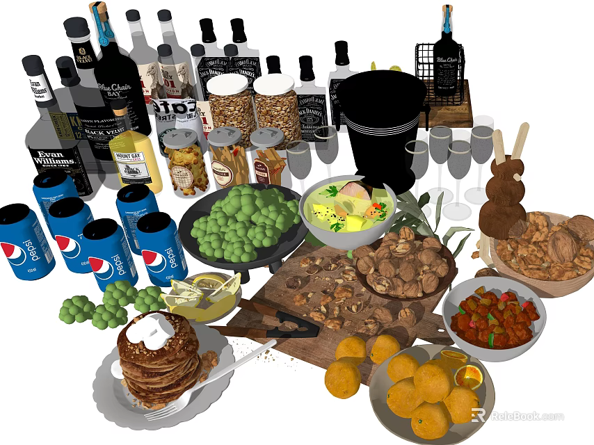 Assorted Food Collection With Beverages Fresh Fruits Pancakes Chicken And Nuts 3d model 
