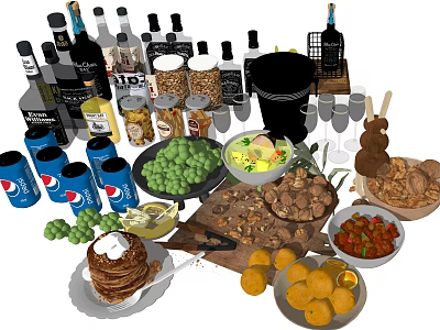 Assorted Food Collection With Beverages Fresh Fruits Pancakes Chicken And Nuts 3d model