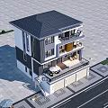Modern Three Story Detached Villa With Balconies Garage And Green Trees