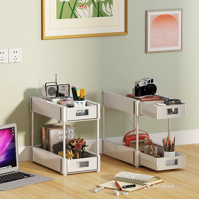 Modern White Storage Shelving Units with Drawers Multi-tier Shelves Holding Radio Camera Books and Stationery 3d model 
