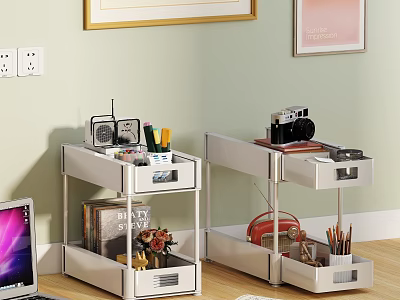 Modern White Storage Shelving Units with Drawers Multi-tier Shelves Holding Radio Camera Books and Stationery 3d model