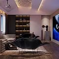 Home Theater Room Interior With Wooden Floor Silver Curved Furniture And Orange Bean Bag Chair