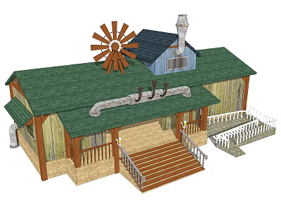 Rustic Wooden Cottage With Green Roof Windmill Decoration Porch Steps Railing And Chimney 3d model
