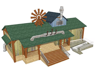 Rustic Wooden Cottage With Green Roof Windmill Decoration Porch Steps Railing And Chimney 3d model