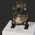 Vintage Brass Firefighting Equipment Helmet With Metal Frame Display On Marble Stand