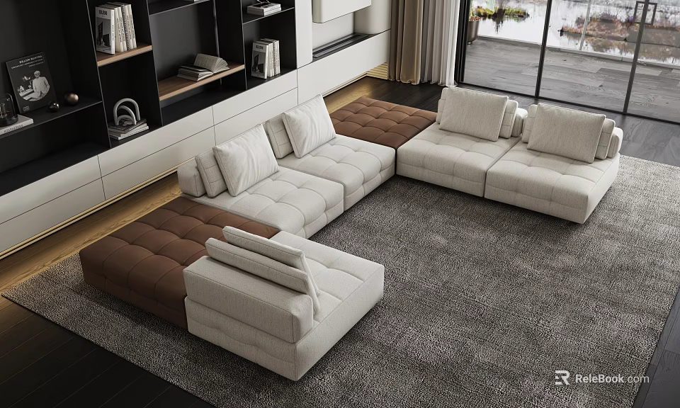 Modern Living Room Featuring Large Sectional Sofa White Brown Upholstery And Area Rug 3d model 