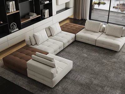 Modern Living Room Featuring Large Sectional Sofa White Brown Upholstery And Area Rug 3d model