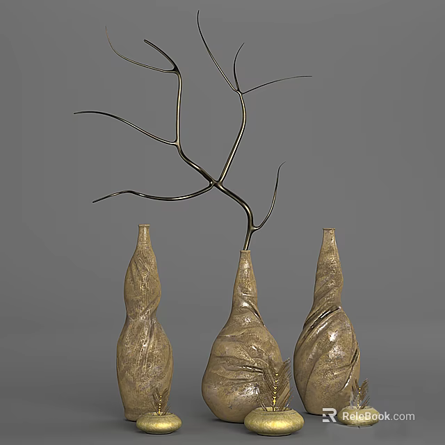 Artistic Decorative Ornament Set With Three Textured Vases And Metal Branch 3d model 