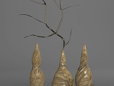 Artistic Decorative Ornament Set With Three Textured Vases And Metal Branch 3d model