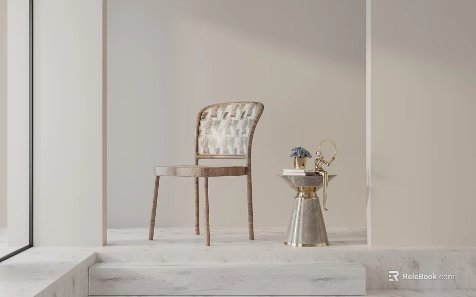 Elegant Modern Dining Chair With Woven Back Wooden Legs And Side Table On Marble Steps 3d model 