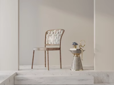 Elegant Modern Dining Chair With Woven Back Wooden Legs And Side Table On Marble Steps 3d model