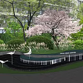 Modern Garden Ornaments With Trees Purple Flowering Bush Lawn Small Pond And Crane Sculptures