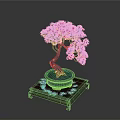 Pink Flowering Bonsai Tree in Blue Pot on Red Tray With Small White Decorations