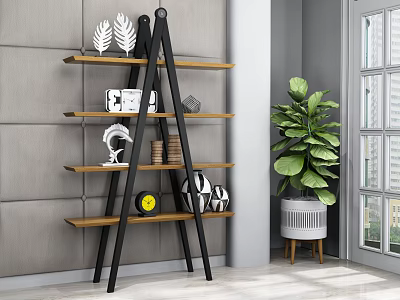 Modern Ladder Shelf With Black Frame Wooden Shelves And Decorative Items 3d model