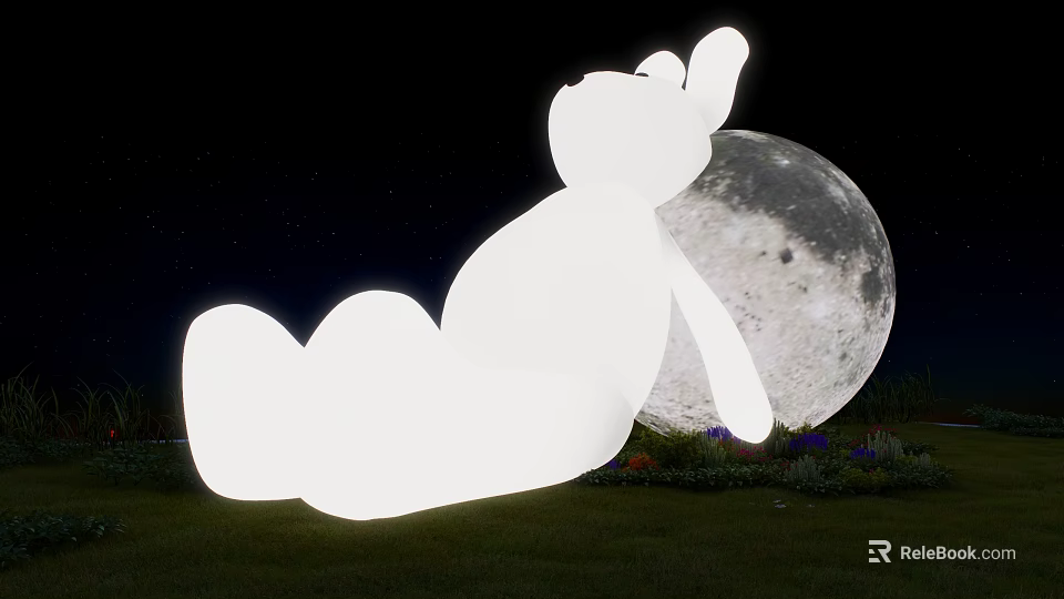 Glowing Elephant Shaped Outdoor Light in Night Garden with Moon Stars and Grass 3d model 
