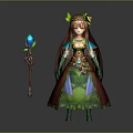 Elven Mage Character in Green Robe with Floral Headband Staff and Magical Blue Creature Companion
