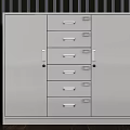 Gray Bookcase With Drawers And Doors In Dark Vertical Striped Wall Wooden Floor Interior
