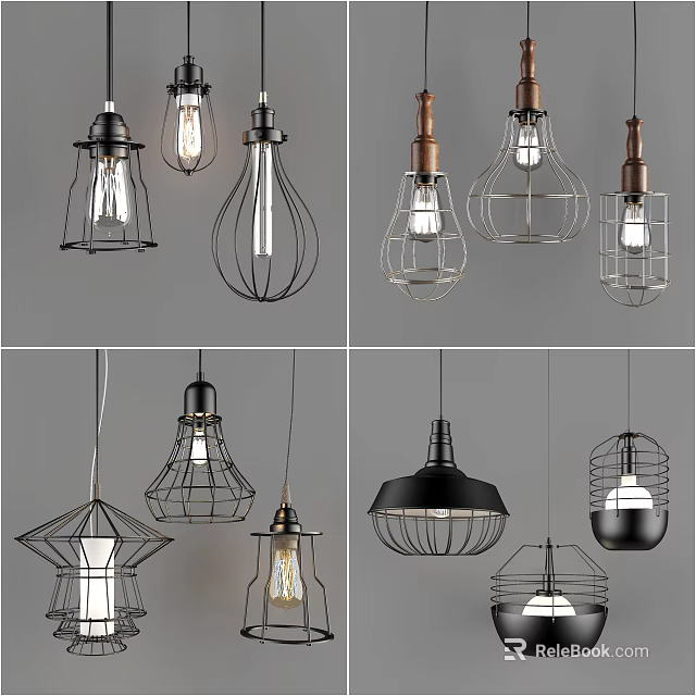 Modern Industrial Pendant Lights With Metal Cage Design And Vintage Bulbs 3d model 