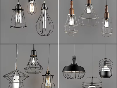 Modern Industrial Pendant Lights With Metal Cage Design And Vintage Bulbs 3d model
