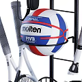 Multilayer Sports Equipment Storage Rack with Basketballs Volleyballs Tennis Rackets and Bats