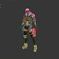 Cyberpunk Female Character With Pink Green Armor Goggles Mechanical Weapons Futuristic Sci Fi Outfit Design