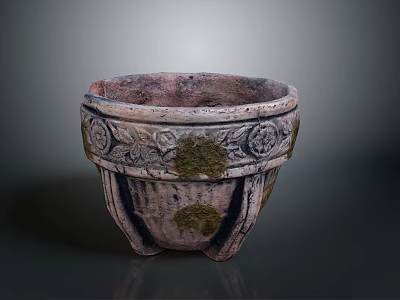 Vintage Terracotta Plant Pot Featuring Carved Patterns and Natural Moss Growth 3d model