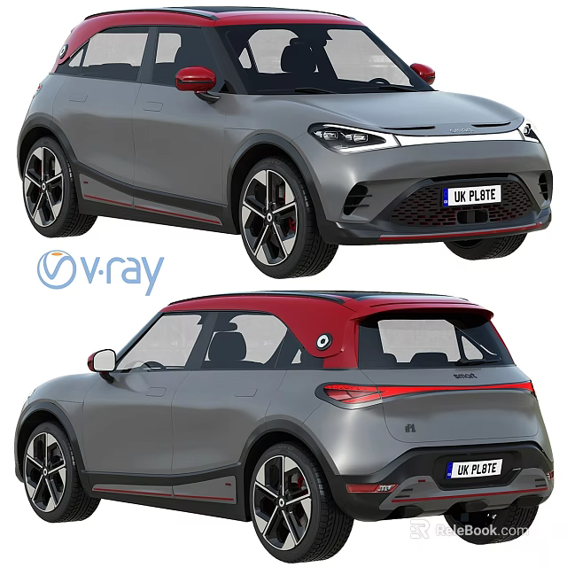 Silver Gray Car With Red Roof And Mirrors Black Wheels V-Ray Rendering Front Rear View 3d model 