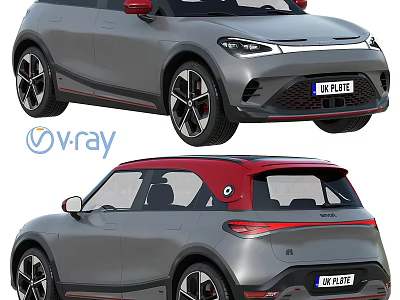 Silver Gray Car With Red Roof And Mirrors Black Wheels V-Ray Rendering Front Rear View 3d model
