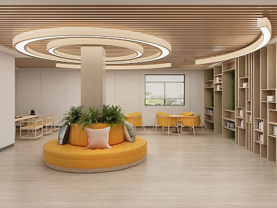 Modern Pantry Interior Design Featuring Circular Sofa Wooden Ceiling And Bookshelves 3d model